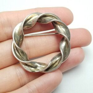 Vintage Tarnished Silver Tone Spiral Circle Brooch, Unisex Lapel Pin, Estate